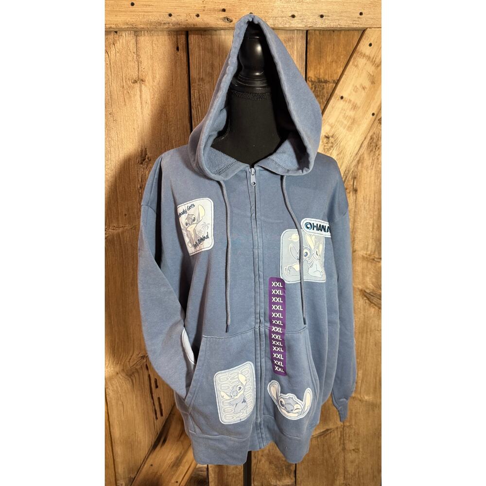NWT Disney Stitch Multi-Patch Women's Full Zip Hoodie Size XXL Blue Distressed
